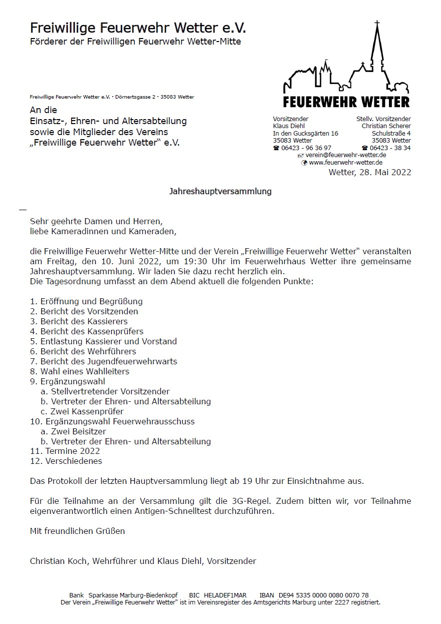 Einladung zur Jahreshauptversammlung der Freiwilligen Feuerwehr Wetter-Mitte und des Vereins