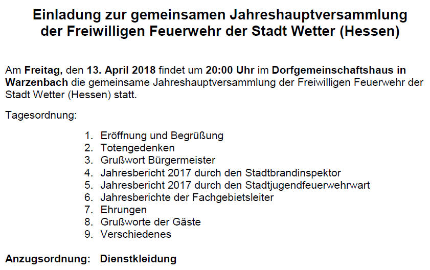 Einladung zur JHV 2018 der Feuerwehr Wetter mit TOP Einladung zur JHV 2018 der Feuerwehr Wetter mit TOP